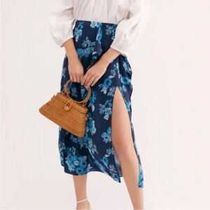 NWT Free People Blue Green Midi Faux Wrap Sarong Skirt with Slit